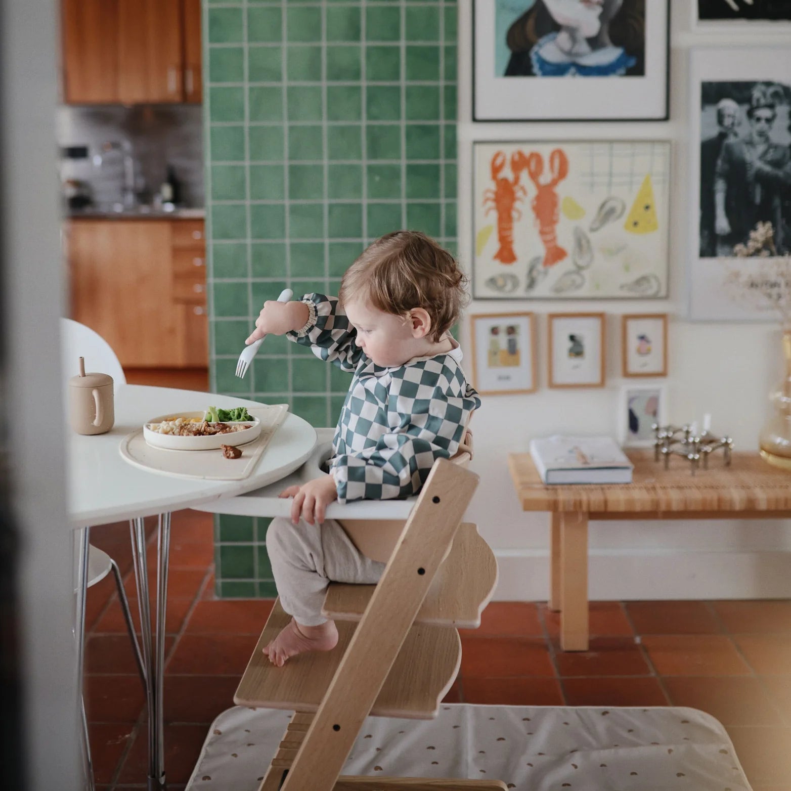 Olive Check Long Sleeve Bib